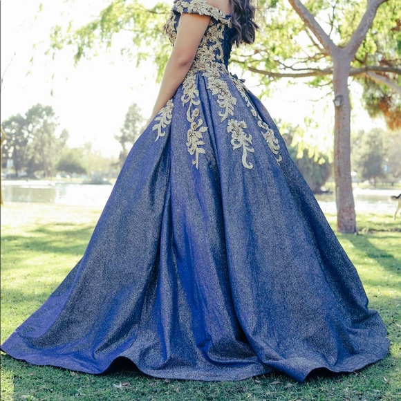 Blue and Gold embroided and embelished gown. - Picture 2 of 4